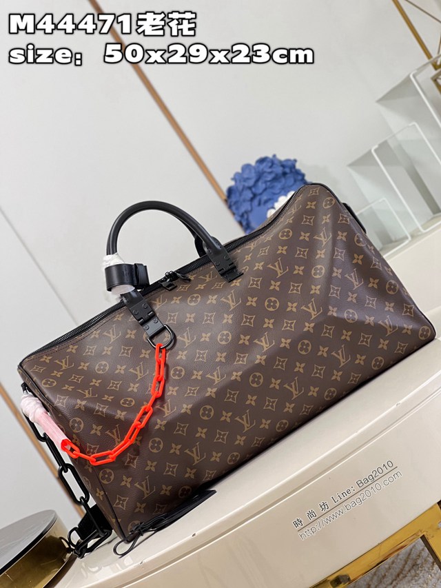 LV專櫃2023新款KEEPALL 50旅行袋 M44471老花 路易威登Monogram花紋搭配啞光橘色鏈帶旅行包 dn1153